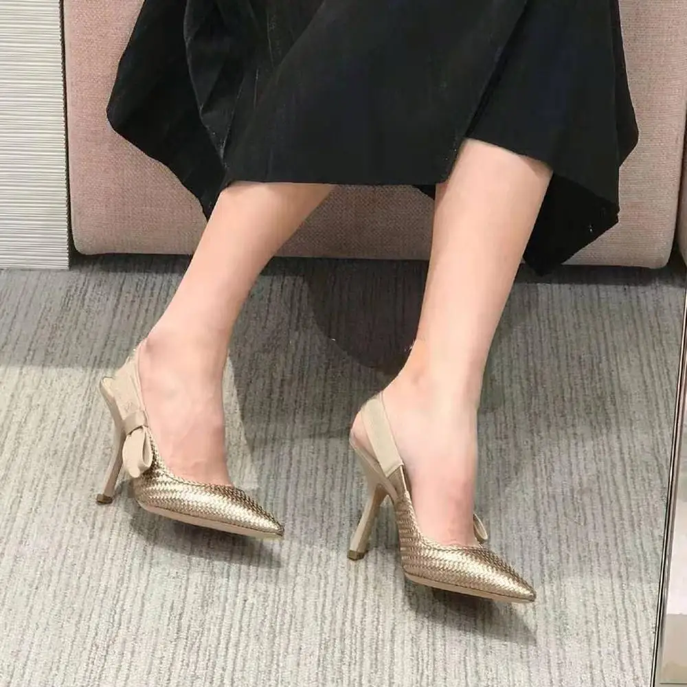

Prowow Pointed Toe Gold Women Sandals Arrival Fashion Luxury Designer Brand Female Shoes Genuine Leather Woven High Heel