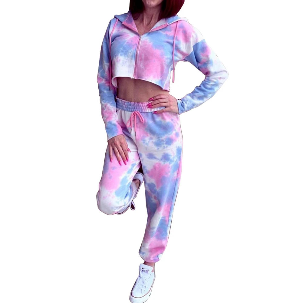 

Женский спортивный костюм wsevypo, повседневный костюм из двух предметов с принтом галстук для костюма, укороченный топ на молнии с капюшоном, ...