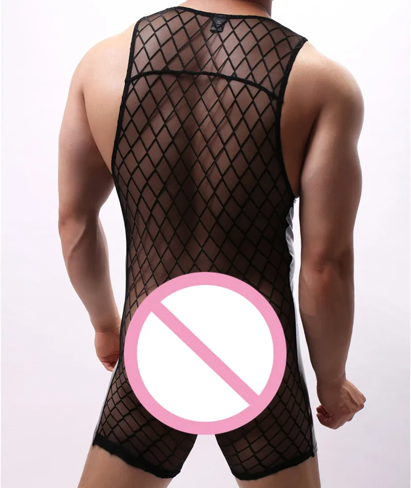 Mens Undershirts Mens Bodysuit  Plaid Transparent Breathable Mesh O Neck Shirts Gay Male Exotic Tshirt Club Sleepwear Undershirt