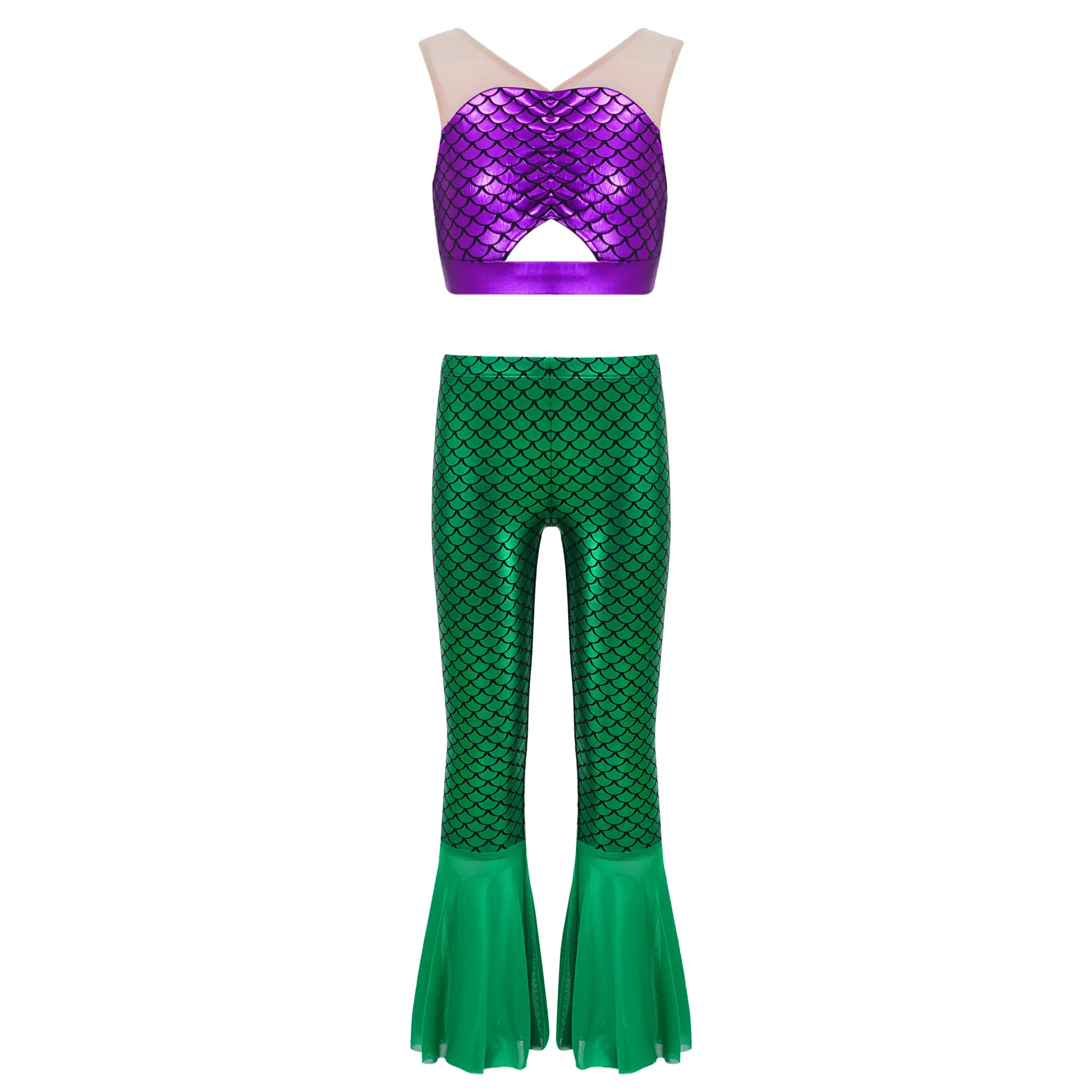 

Kids Girls Fancy Mermaid Outfits Halloween Cosplay Costumes Princess Mesh Patchwork Fish Scales Print Crop Tops Flared Pants Set