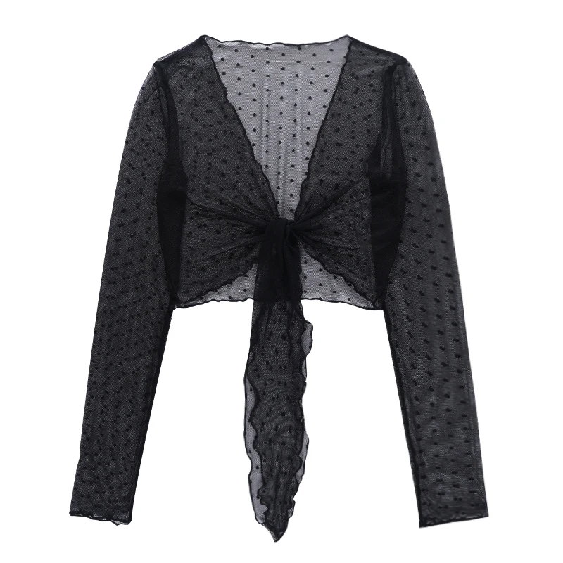 

Gauzy Cardigan See-through Outer Long-Sleeves T-shirt Women's Summer 2021chic Top Women's Navel-Exposed Design Sense