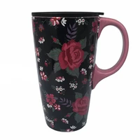 french korean rose pattern ceramic travel cup with plastic cover mugs tumbler with straw coffee cups cup turner