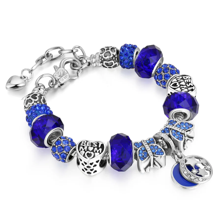 

Charms Bracelet Alloy Crystal Blue Beads Sliver Color Lobster Clasp Fit Brand Original Bracelets Bangle Fashion Europe Jewellery