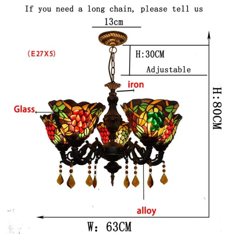 저렴한 5 헤드 티파니 서스펜션 휴게실 식당 바 유럽 고전 스테인드 글라스 포도 펜던트 라이트 1196