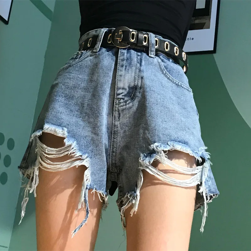 

Women's High Waist Denim Shorts Ripped Hollow Out Hole Streetwear Plus Size S-5XL Black Blue Jean Shorts 2021 New Women Shorts