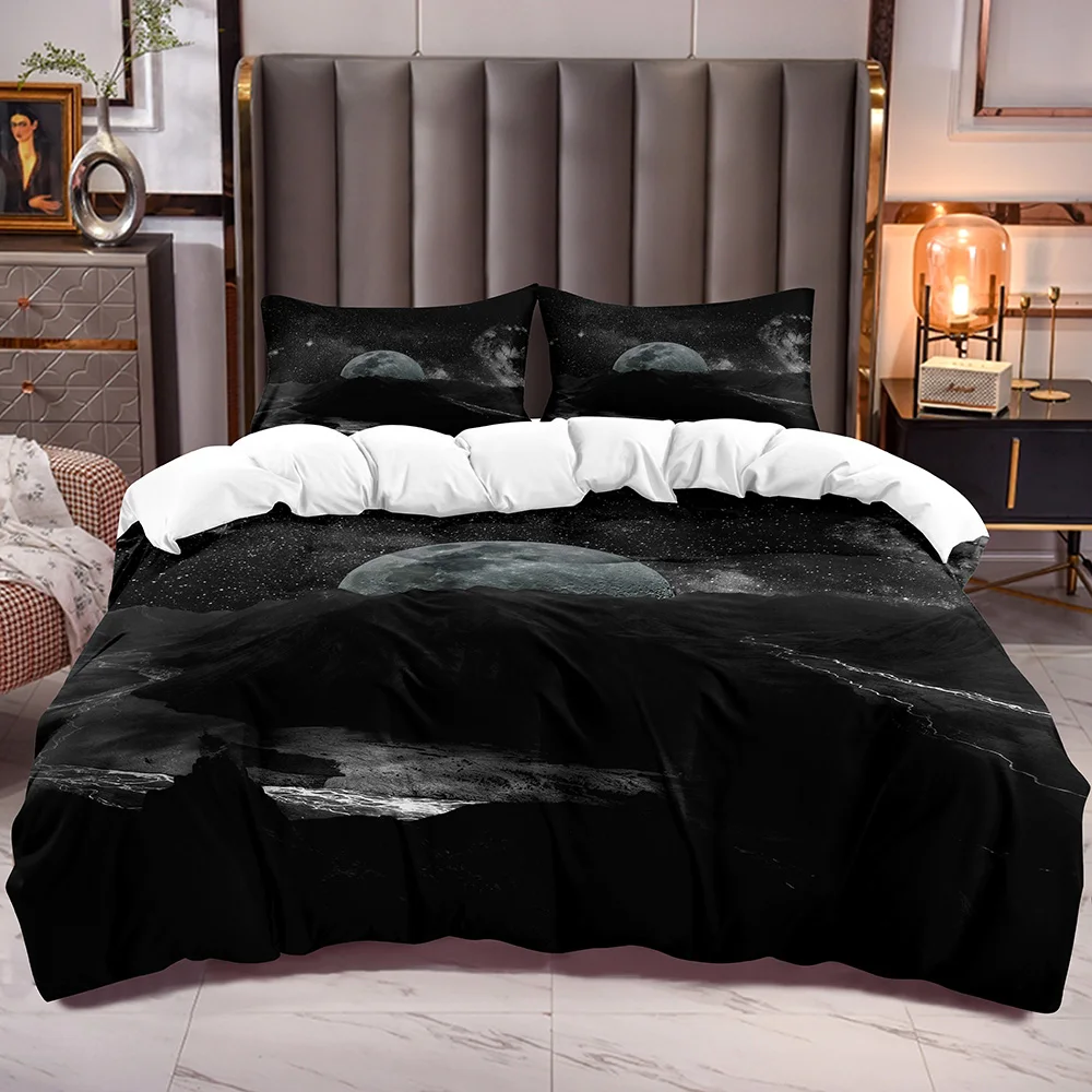 

Stars Moon Sky 3D Duvet Cover with Mountain Evening Universe Galaxy Comforter Cover for Kids Teens Adults Microfiber Soft