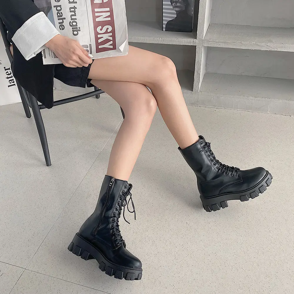 Women's Martens Boots Pu Leather White Ankle Boots Autumn  Winter Motorcycle Boots Fashion Female Chunky Heel Plarform Boots