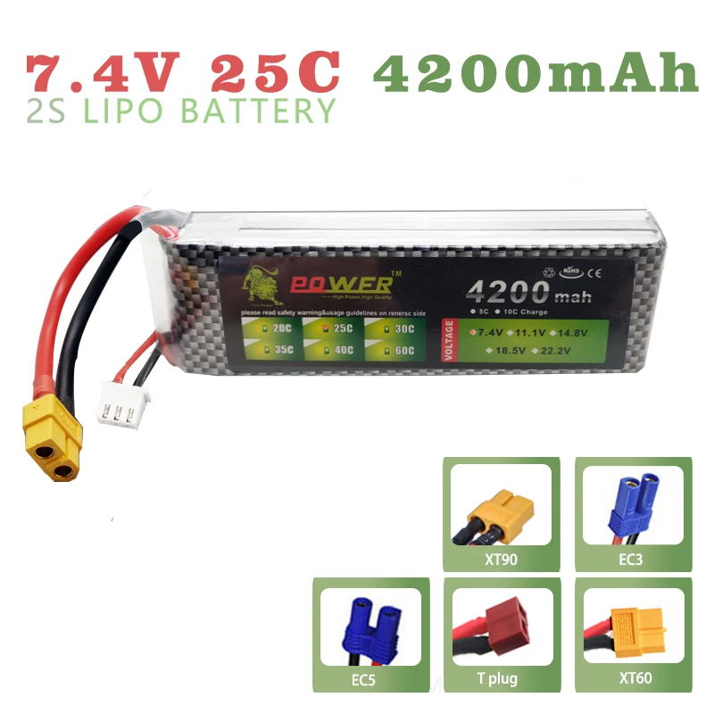 

Lipo Battery 7.4V 2S 4200mAh Lion Power 25C MAX 35C for Racing Drone FPV Quadcopter RC Car Boat Airplane Helicopter Battery Par