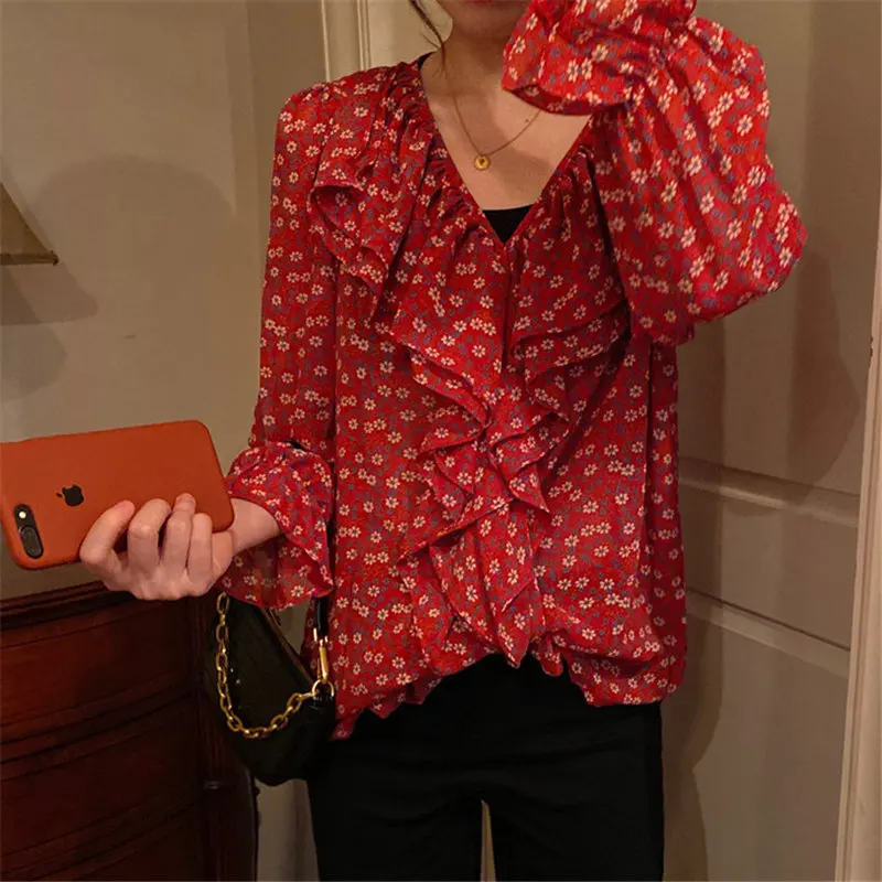 

HziriP 2021 Red Chic Fashion Flare Sleeves Florals V-Neck Chiffon Sweet Ruffles Shirts Loose Casual All Match Brief Blouses