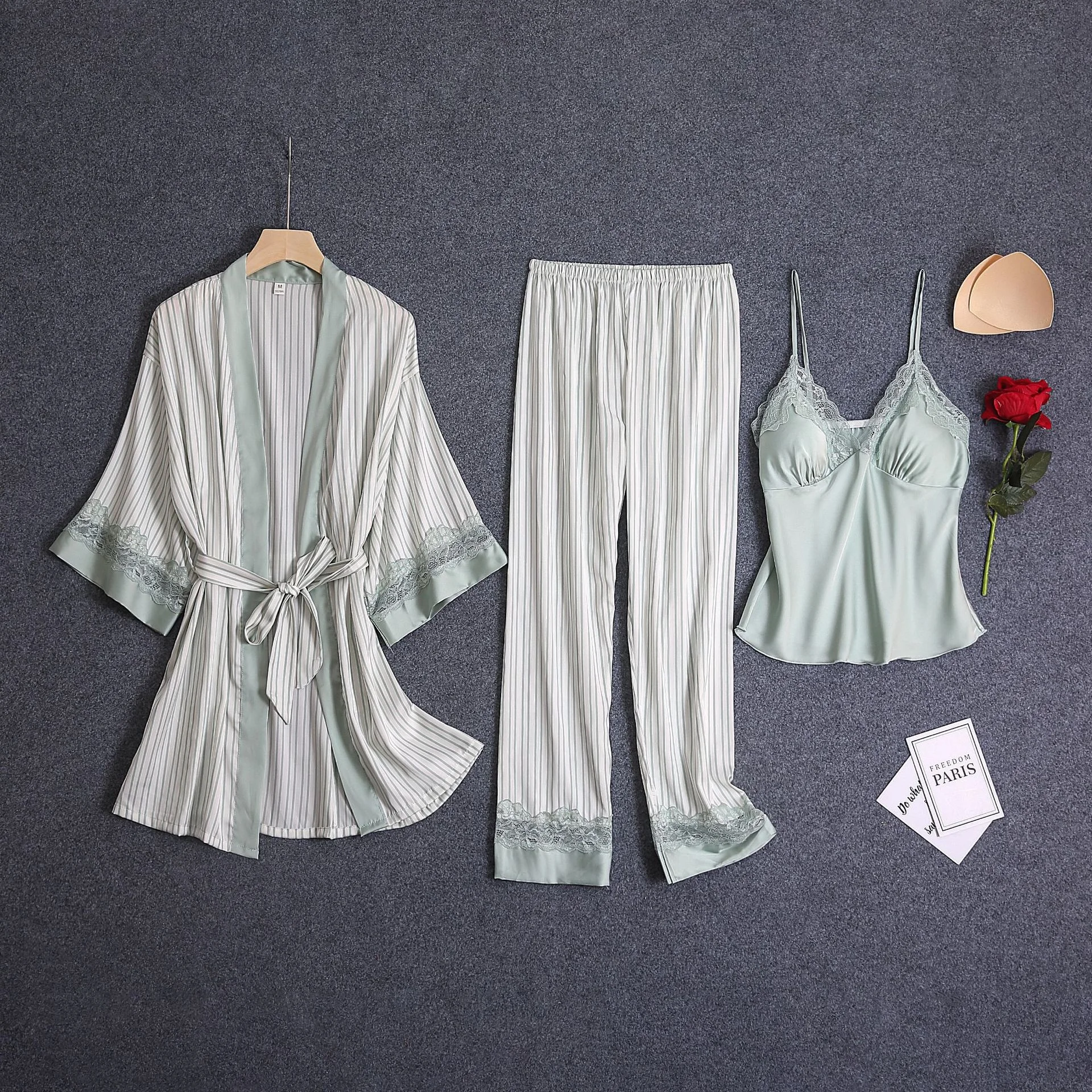 3 Pcs Suit Striped Print Women Pajamas Ice Silk Lace Sexy Sleepwear With Chest Pad V-Neck Pyjamas