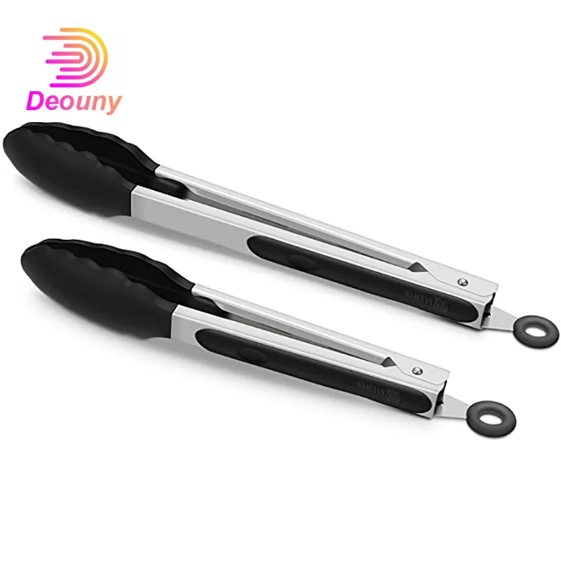

DEOUNY 2PCS Black Ice Tongs Premium Silicone BPA Free Non-Stick Stainless Steel BBQ Cooking Grilling Locking Food Kitchen Tongs