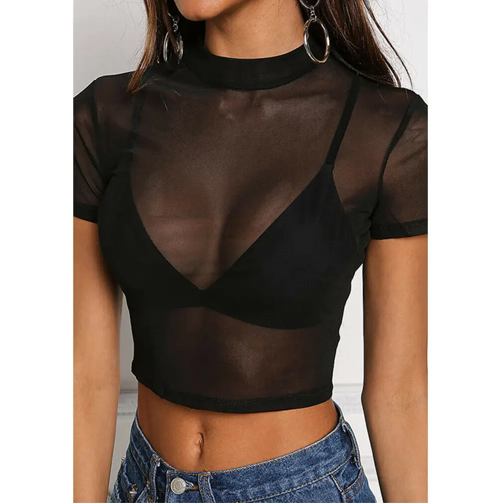 Модная женская прозрачная сетчатая пикантная футболка с коротким рукавом и