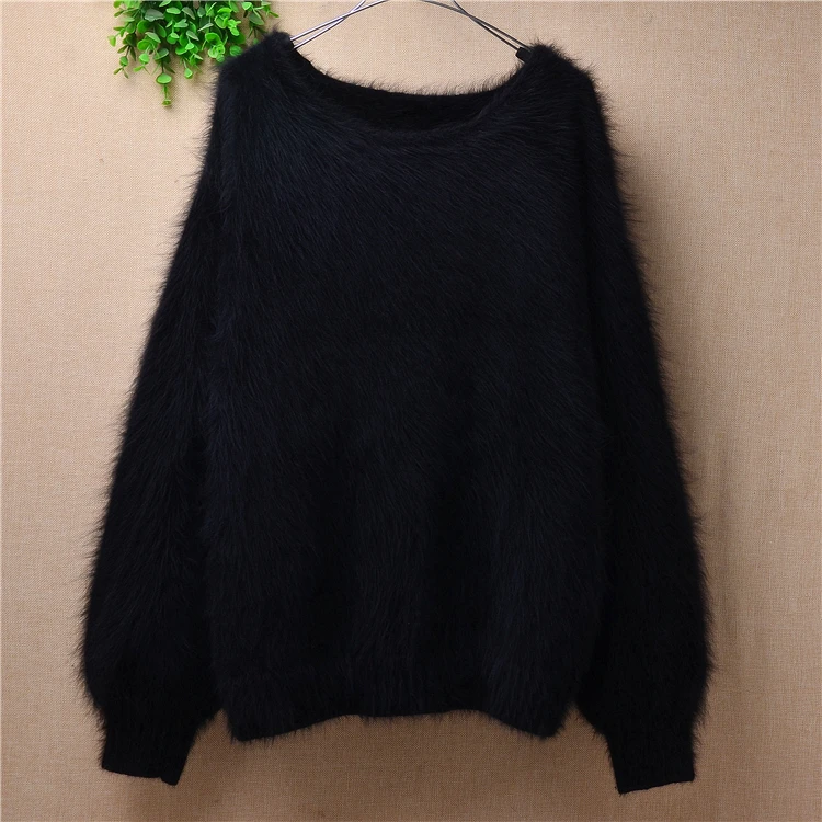 

Женский модный пушистый кашемировый вязаный Пушистый свитер из меха норки с длинными рукавами-фонариками и круглым вырезом Свободный пуло...