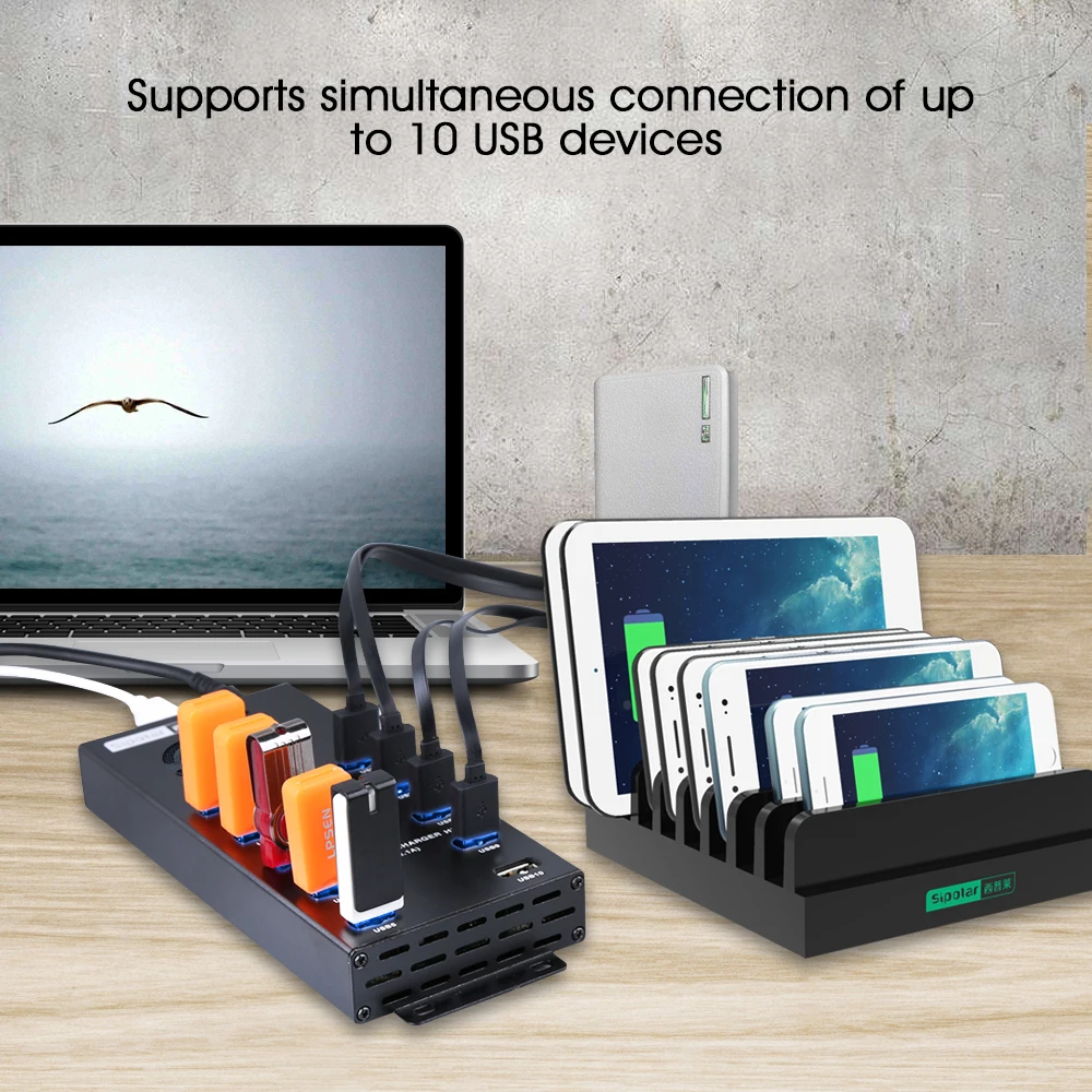 Sipolar A-400, универсальный usb-концентратор с 10 портами, зарядка для ПК, планшетов, ipad, телефонов, внешний аккумулятор и синхронизация для мыши, клавиатуры, HDD, принтера