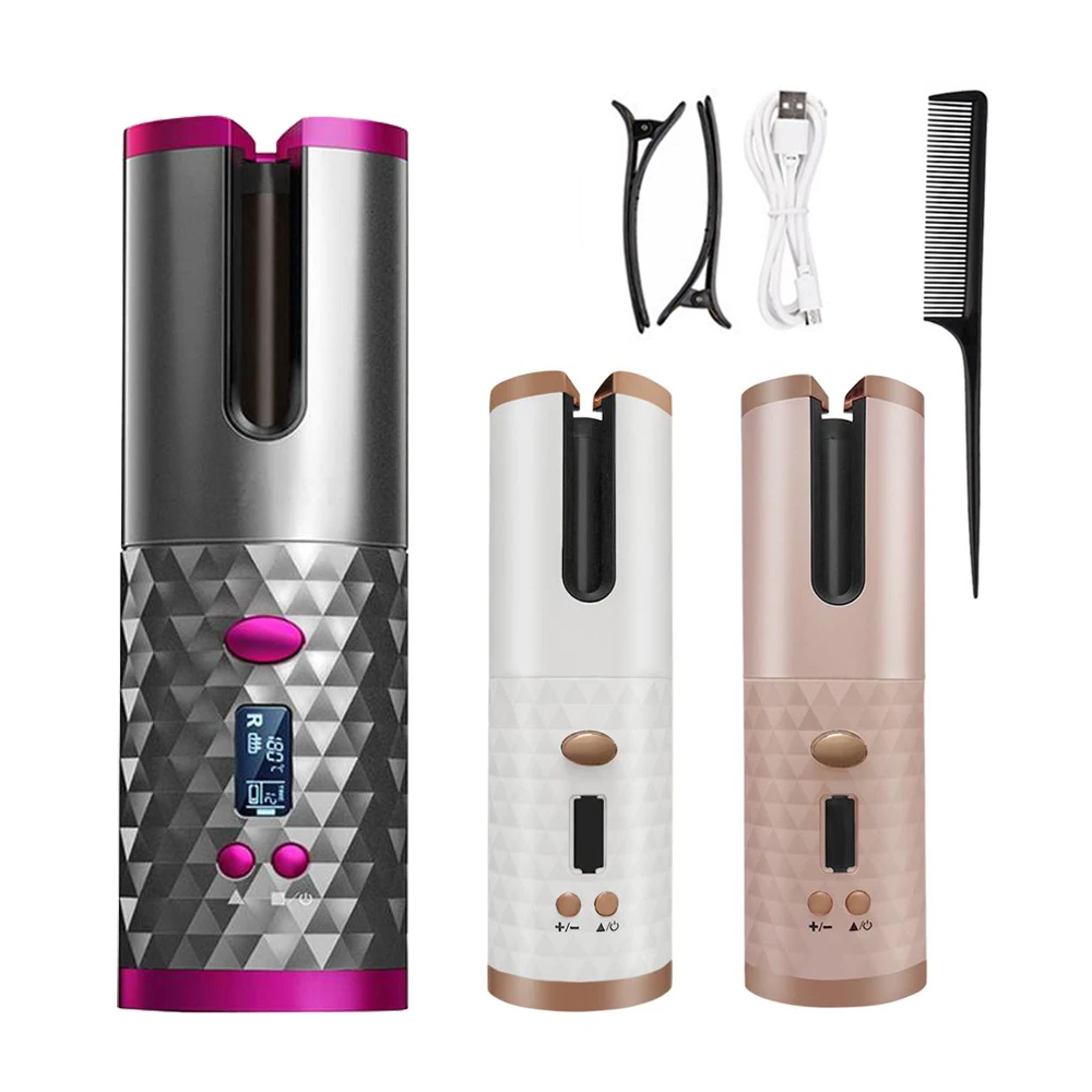 

Portable Wireless Automatic Curling Iron Hair Curler USB Rechargeable for LCD Display Curly Machine with 1 Comb+2pc Clips Portab