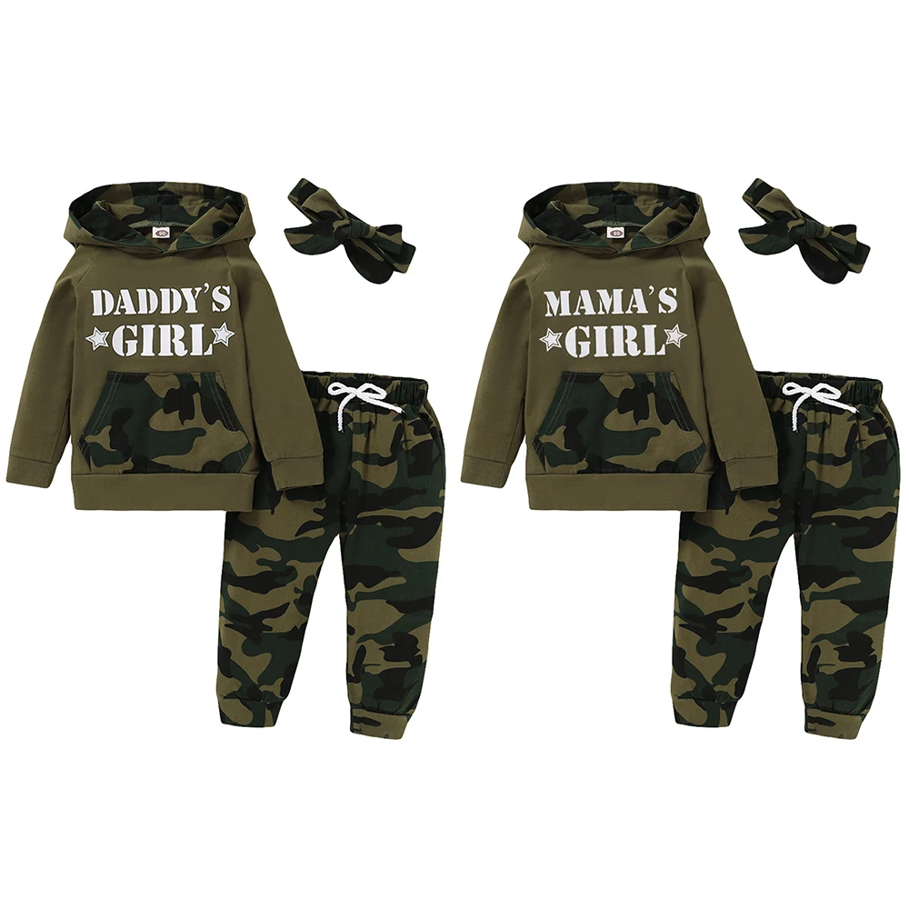 

Детские камуфляжные толстовки с принтом, костюмы, милый пуловер с капюшоном и буквенным принтом для девочек и брюки с повязкой на голову