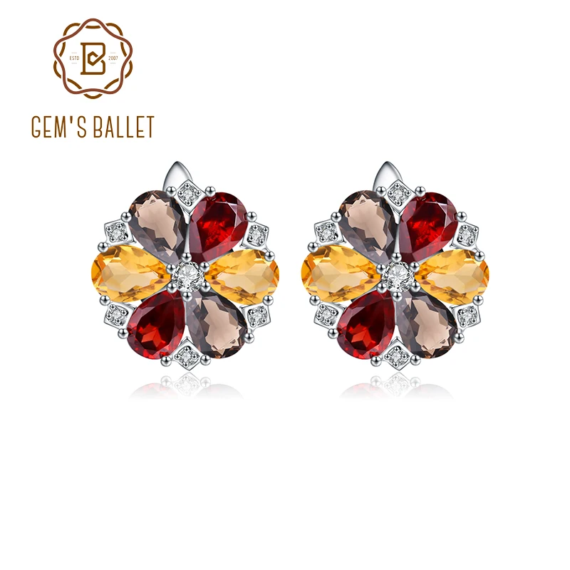 

Gem's Ballet 7.72ct Citrine Garnet Smoky Quartz Stone Real 925 Sterling Silver Classic Trendy Flower Shape Women Fine Jewelry