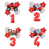 6pcs cartoon cars fire truck foil ballon with 30inch red number happy birthday party decoration boy gift tank fire car balloons