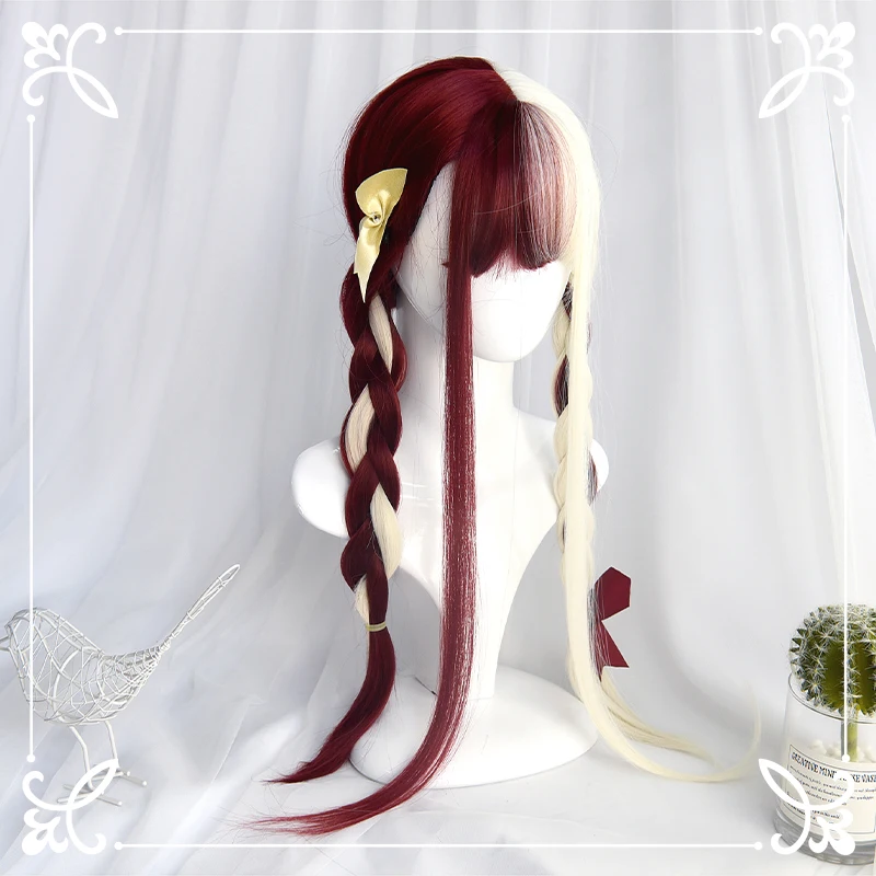 

Gothic yin and yang head red rice black and white double straight hair dark Lolita wig