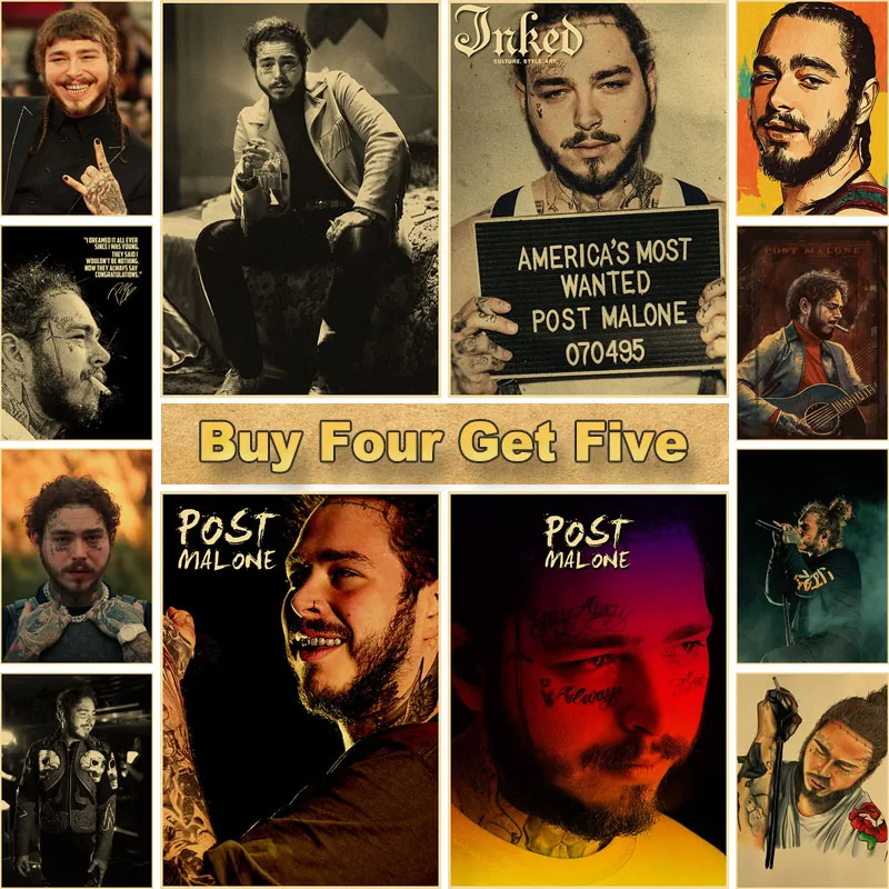 

Vintage Post Malone Poster Hip Hop Rap Music Star Singer Posters Kraft Paper Portrait Pictures Bar Home Cafe Wall Decor Mural