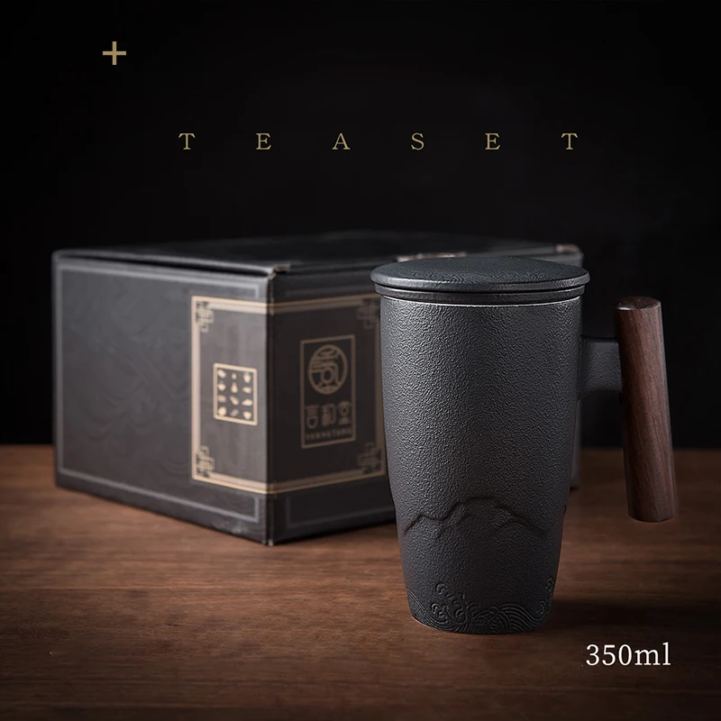 

Luxury Retro Tea Cup Ceramic Mug Large Capacity Office Filter Black Water Cup with Cover Mugs Wooden Handle Cups Gift Ideas Box