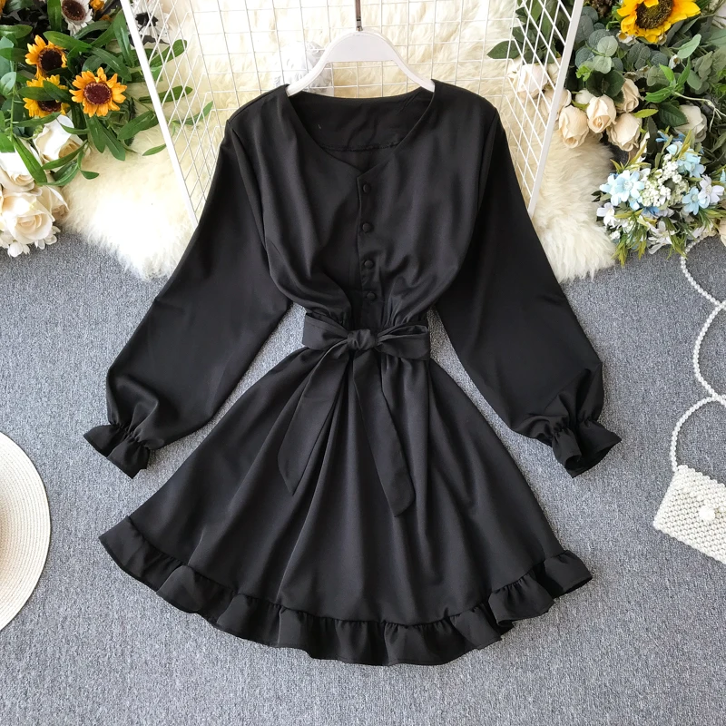 2019 Новое весенне осеннее однотонное платье с v образным вырезом и длинными