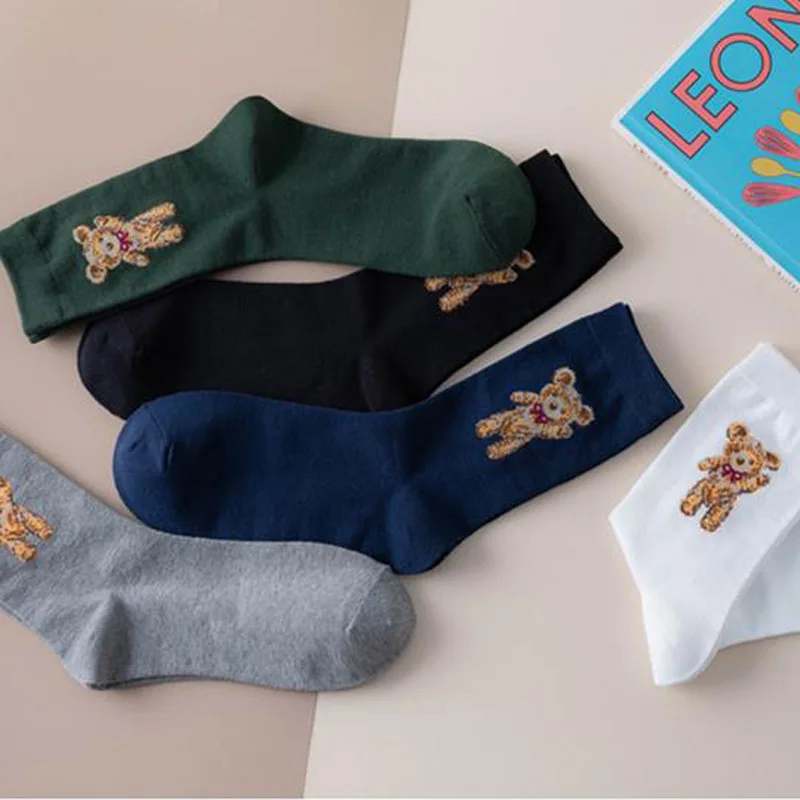 

1 Pair Winter Women Socks Cute Fashion Casual Solid Color Cotton Socks Cartoon Comfortable Soft Little Bear Printed Long Socks