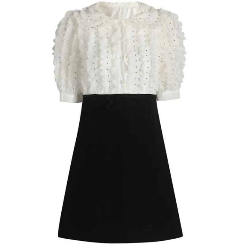 

2022 spring new small fragrance rhinestone beaded dress women mesh stitching puff sleeve a-line dress