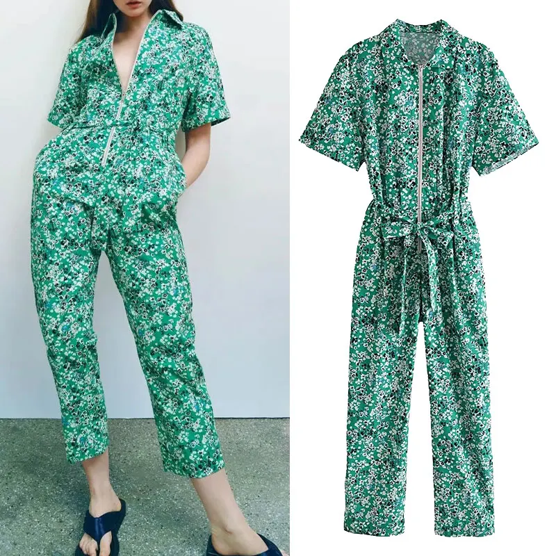 

Женский комбинезон с коротким рукавом, с принтом, на молнии