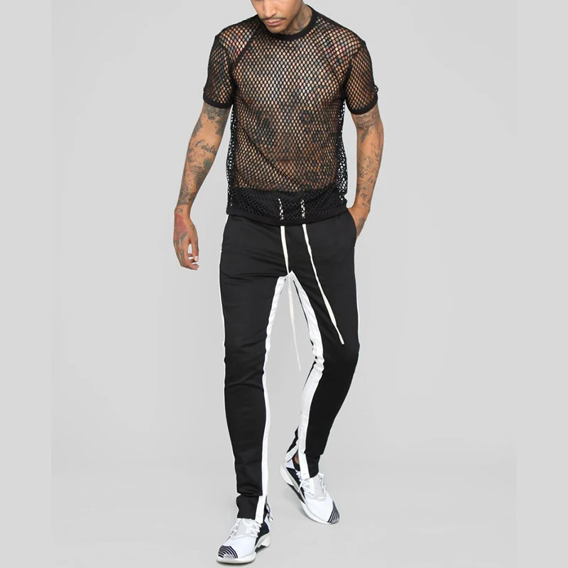 Black Tshirt Мужские прозрачные сексуальные сетчатые футболки, новинка, прозрачные сетчатые майки с длинным рукавом, вечерние майки для ночного клуба - Цвет: Black Tshirt