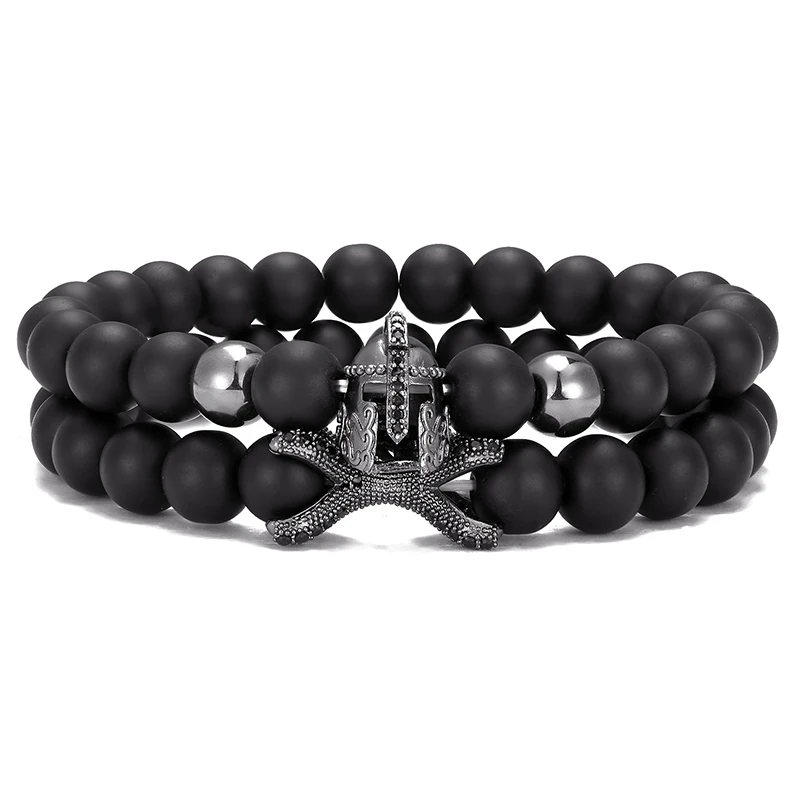 2 piece set /Novelty Fashion Knight Helmet CZ Pearl Bracelet Men 8mm Black Natural Stone Spartan Warrior Gladiator Yoga | Украшения и