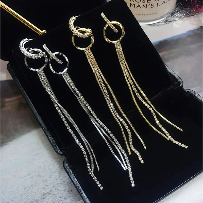 Корейские модные серьги гвоздики с длинной кисточкой изысканные стразы