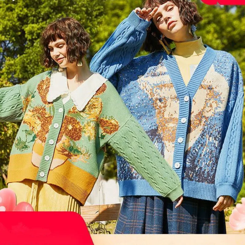 

Van Gogh Zonnebloem Vintage Mouwen Vest Knit Trui 2021 Vrouwen Elegante Luxe Borduren Knitwear Truien Streetwear Tops