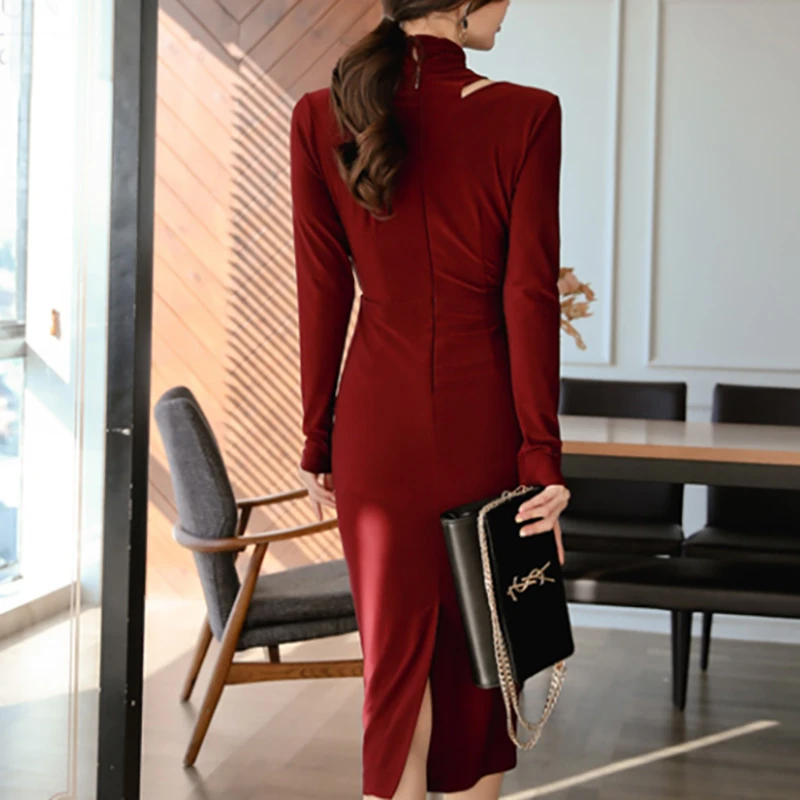 Тонкое платье-карандаш для женщин до колена офисные платья зима весна с длинным