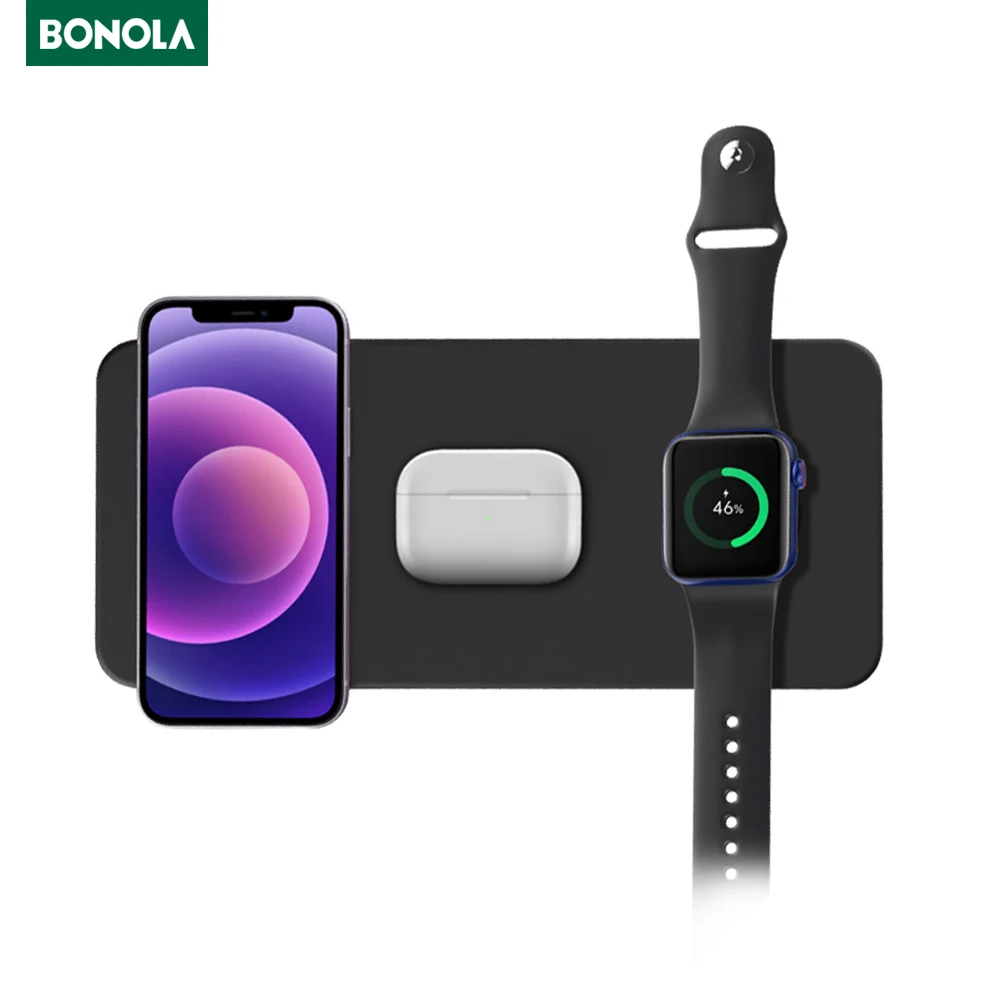 bonola 3 in 1 leather wireless charger pad for iphone 13 12 11 pro max ultra thin wireless charging for apple watch7airpods 3 free global shipping