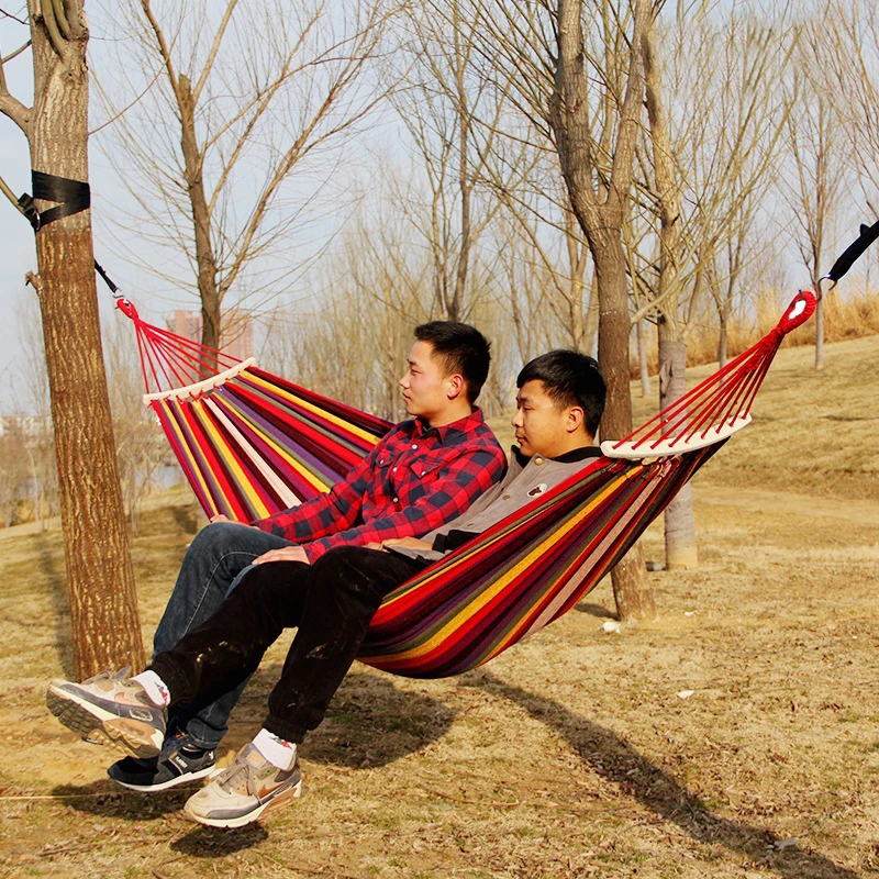 New Canvas Hammocks 260*150cm Portable Outdoor Hammock Camping Prevent Rollover Hanging Swing Bed Rainbow Color + Wooden Stick