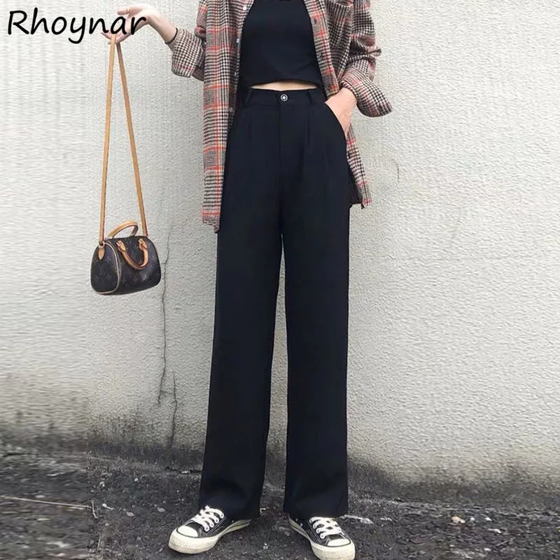 

Casual Pants Women Simple Street Full Length Solid All-match Ladies Retro Loose Wide-leg Trousers High Waist Cool Fashion Bf Ins