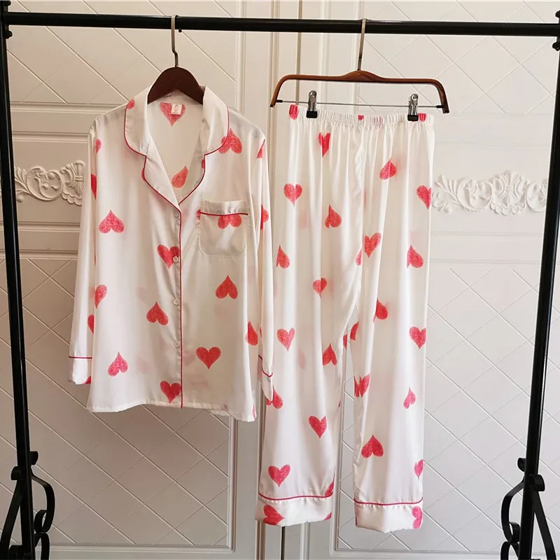 

Long Sleeve Women Pyjamas 2PCS Print Sweetheart Pajamas Sets Sexy Notched Sleep Suit Sleepwear Spring Autumn New Loose Nightwear