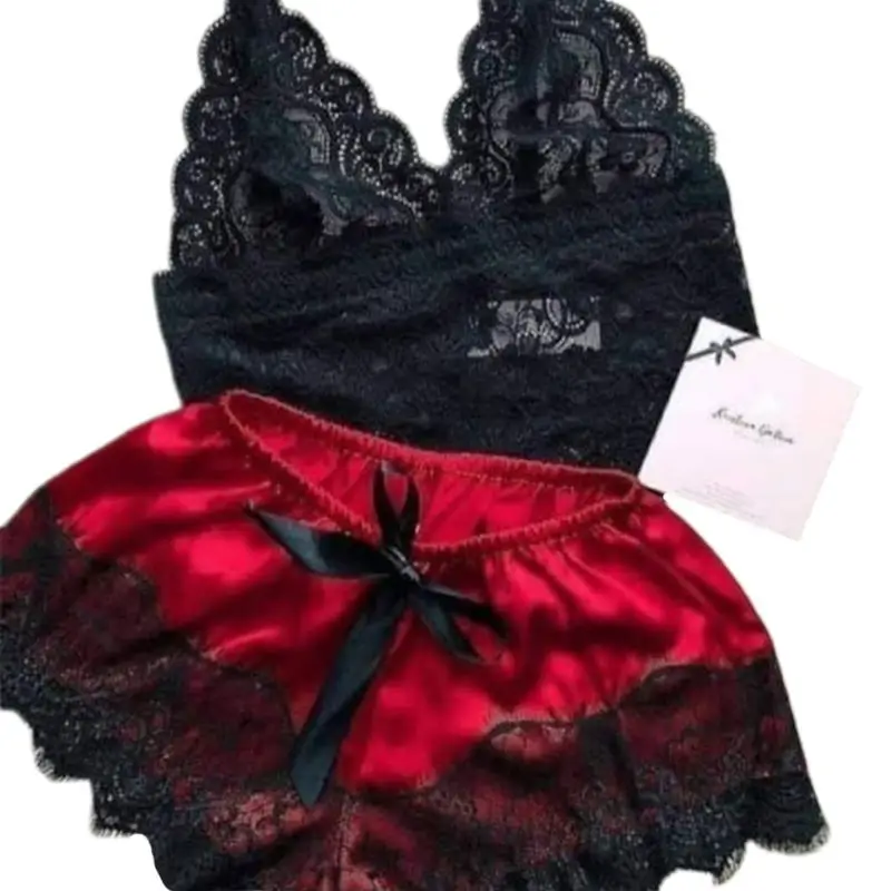

Womens Sexy Eyelash Floral Lace Lingerie Set V-Neck Crop Top Bowknot Faux Silk Wide Leg Shorts Contrast Color Pajamas Sleepwear