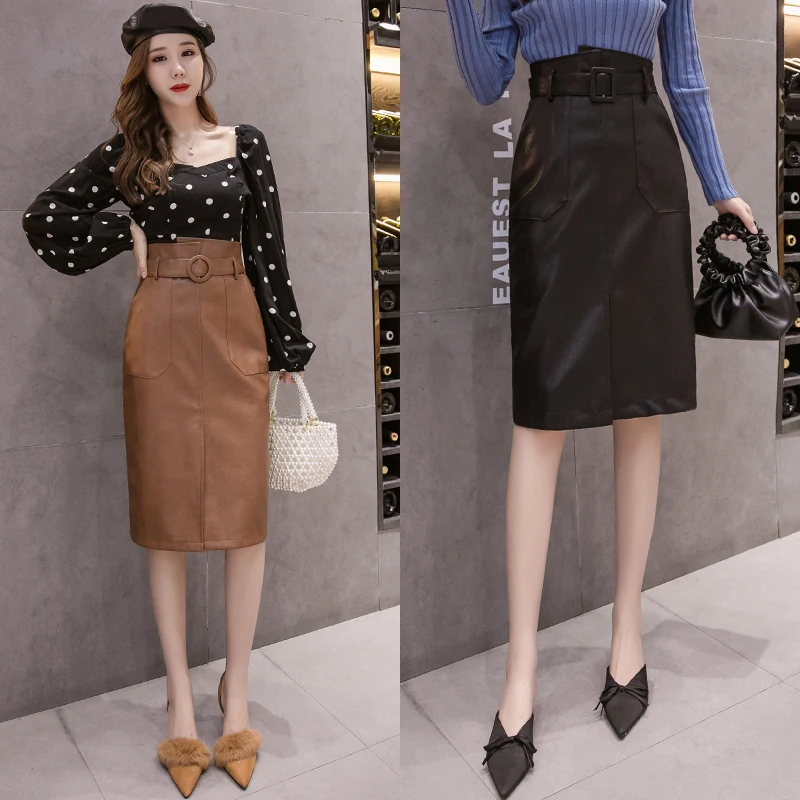 

Sexy Tight Skirt Slit Korean Style Office Midi Skirt Black Women's PU Leather Pencil Skirt With Belt Pockets High Wasit