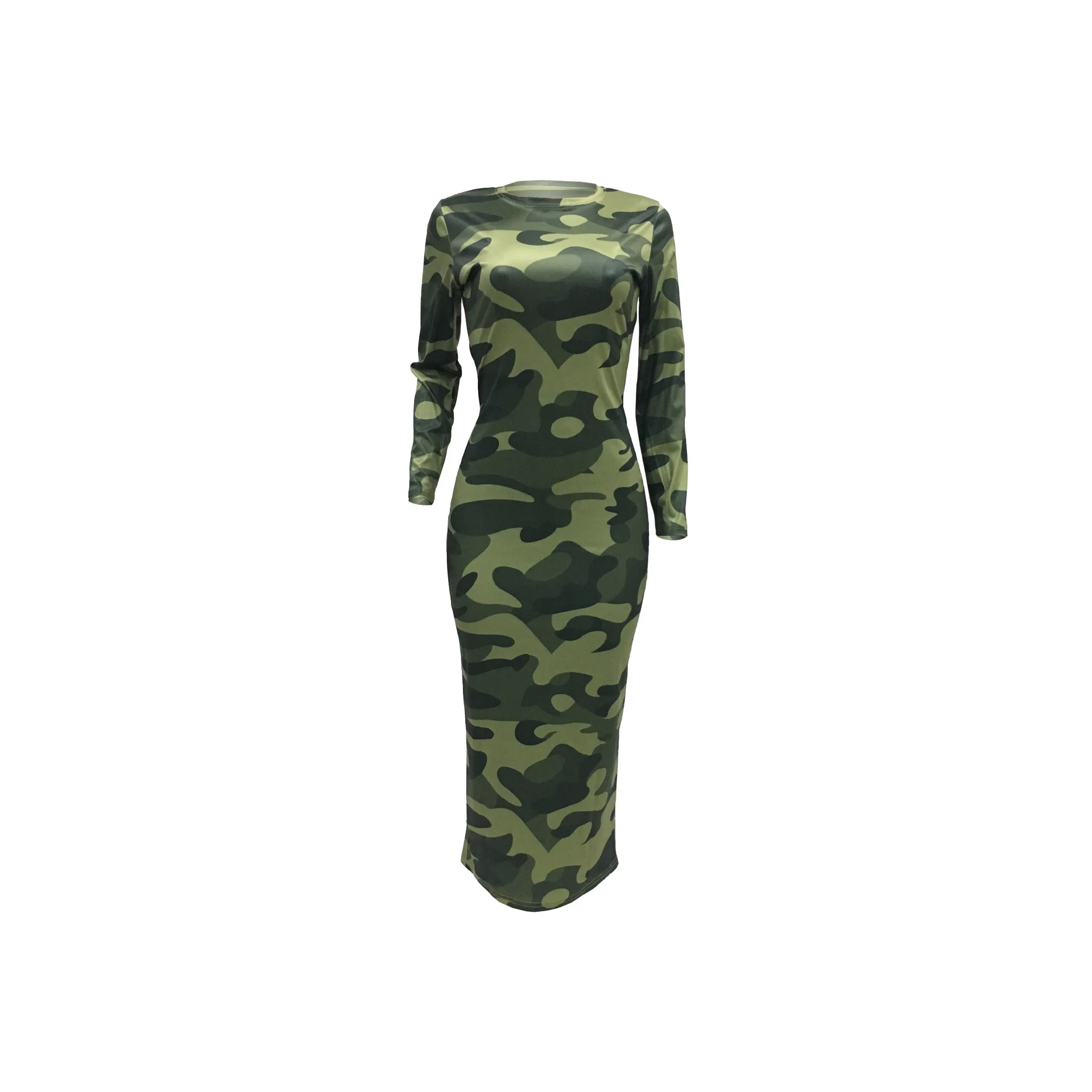 

Women Sexy Camouflage Tight Long Dress Autumn Winter Long-sleeved Round Neck Dress