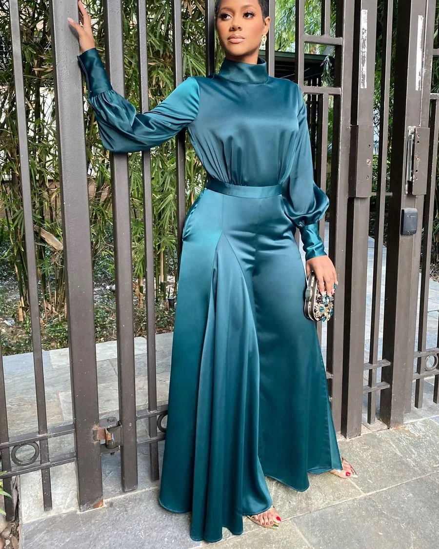 

Women's Fashion High Waist Temperament Jumpsuit Solid Color Long Sleeve Top Madam Horn Stretch Satin Fabric Slimming Jumpsuits