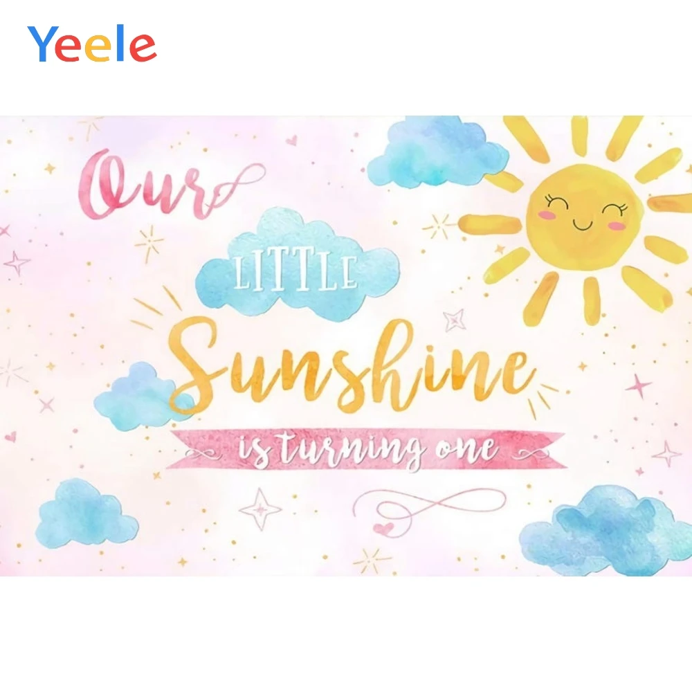 

Виниловый фон для фотосъемки новорожденных в розовом цвете с изображением облаков солнца и радуги звезд первого дня рождения