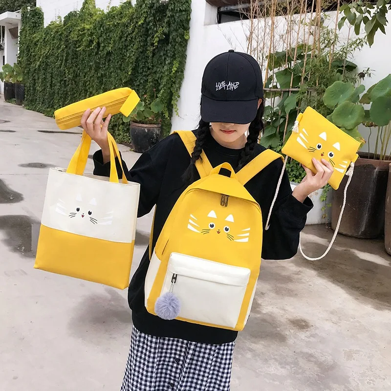

New Canvas Students School Backpack Fashion Solid Color Cartoon Teenager School Bag Casual Travel Small Backpacks For Women