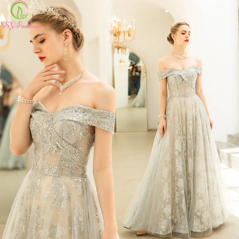 Женское вечернее платье до пола SSYFashion элегантное серое для банкета с вырезом