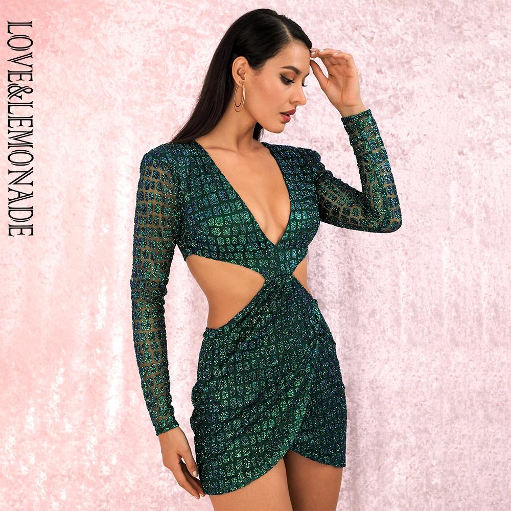 LOVE& LEMONADE Сексуальные Зеленые Вечерние платья с глубоким v-образным вырезом и открытой спиной с наклеенными блестками, облегающие вечерние платья LM82065-2 осень/зима