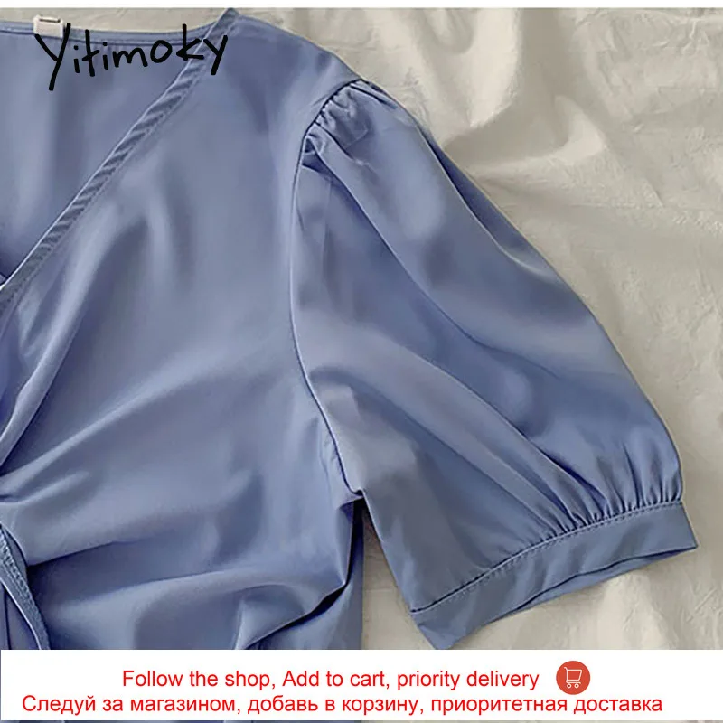 

Yitimoky Women Shirts Korean Fashion White Blue Top Button Up Sleeve V-neck Blouse Solid Casual Spring 2021 Ladies Puff Sleeve