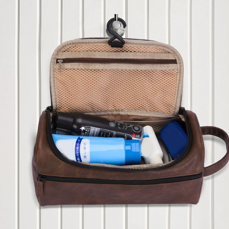 

Portable Faux Leather Toiletry Bag With Hanging Hook Organizer Cosmetic Bag