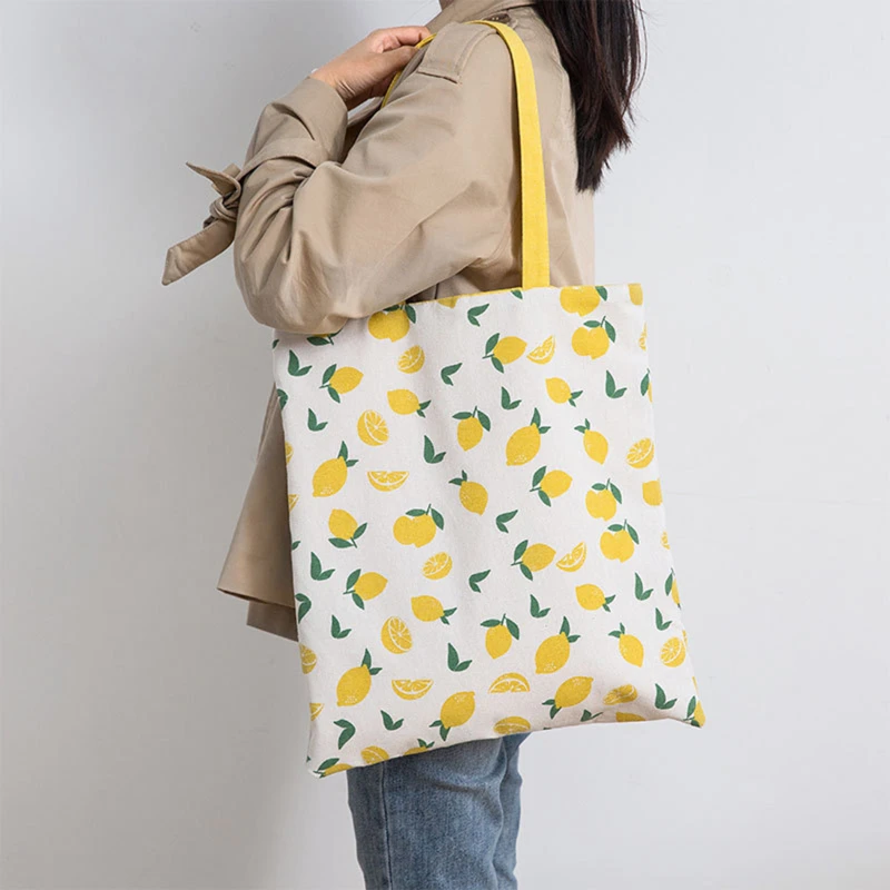 

New Cotton And Linen Shopper Woven Lemon Double-sided Hand Double-use Bag Pocket Pouch Storage Shopping Grocery Bag