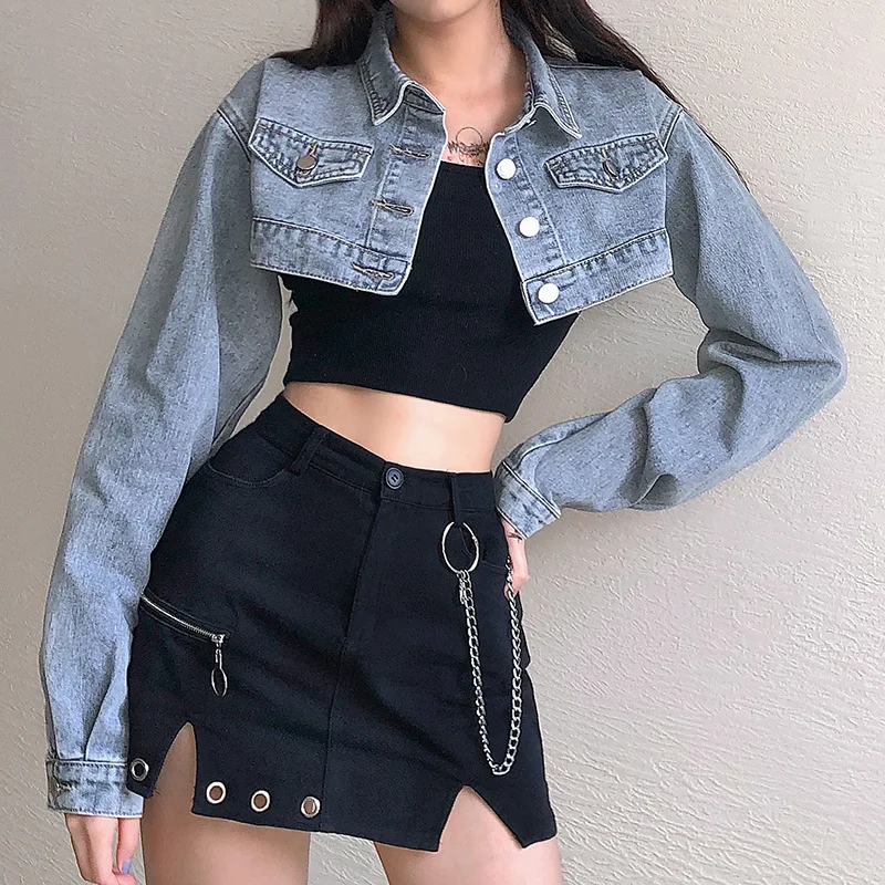 

Women's 2021 Early Fall Preppy Style High Waist Outer Long Sleeve Coat Vintage High Street Blue Denim Short Jacket Female Solid